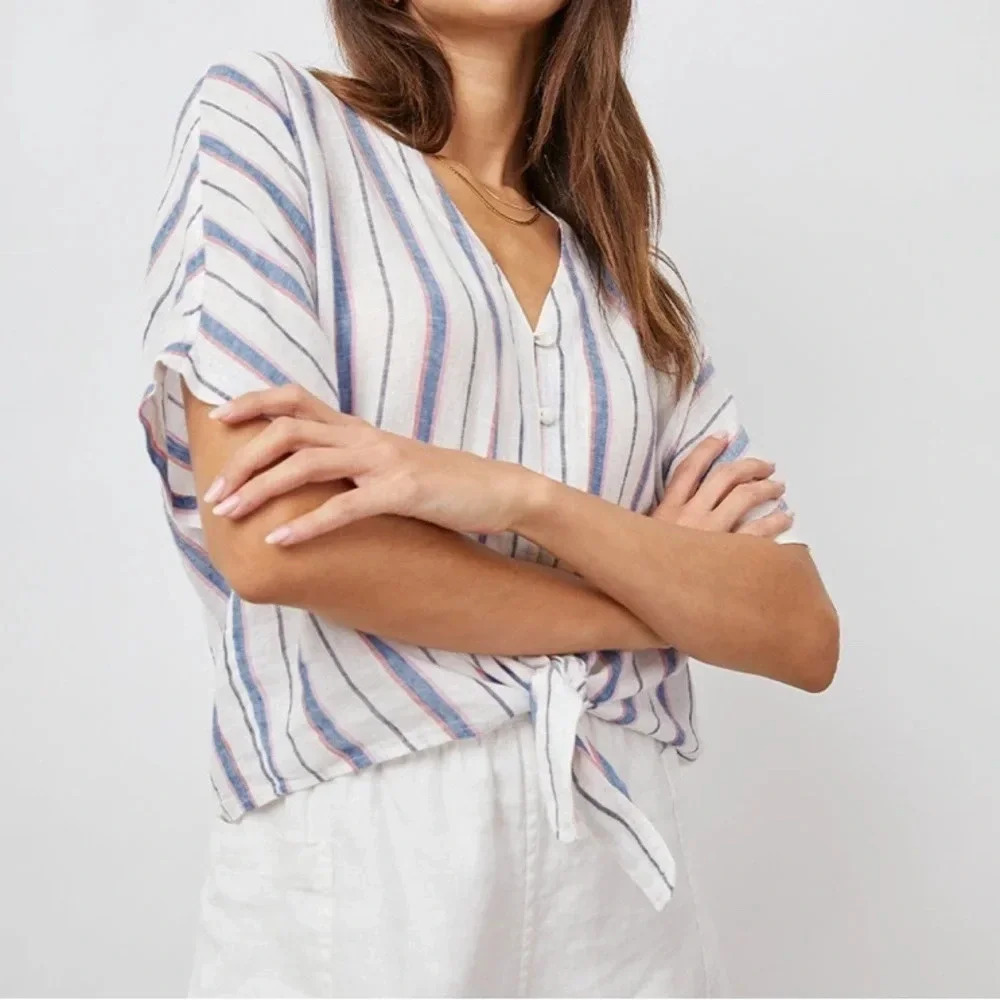 NWT Rails Thea Tahiti Strip Linen Button-up Tie Shirt Small - Picture 2 of 10